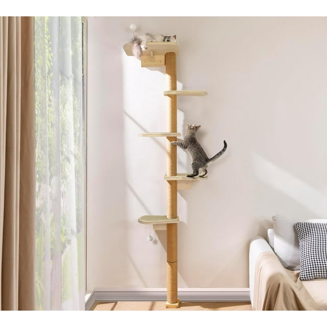 Floor to Ceiling Cat Tree for Kittens Wall Mounted Cat Wall Shelves with Grey Felt Pads Adjustable Wild Simulation Cat Tower Rotatable Platforms for Climb Scratch and Look