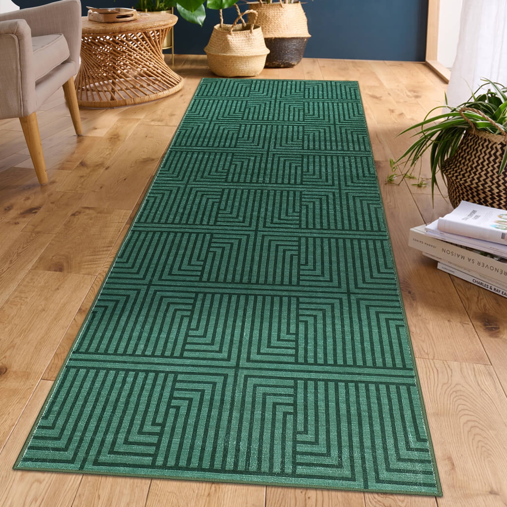 Modern Outdoor Rug 2x6FT - Green Waterproof Patio Carpet, Modern Area Rugs