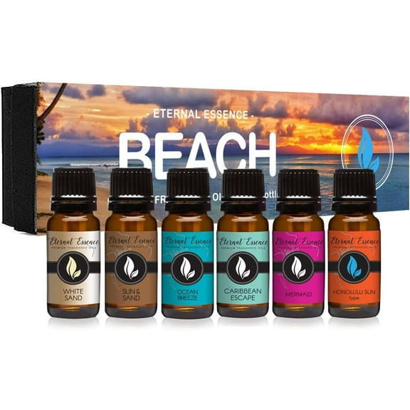 Beach - Gift Set of 6 Premium Fragrance Oils - White Sand, Ocean Breeze, Honolulu Sun, Mermaid, Caribbean Escape and Sun & Sand - 10ML