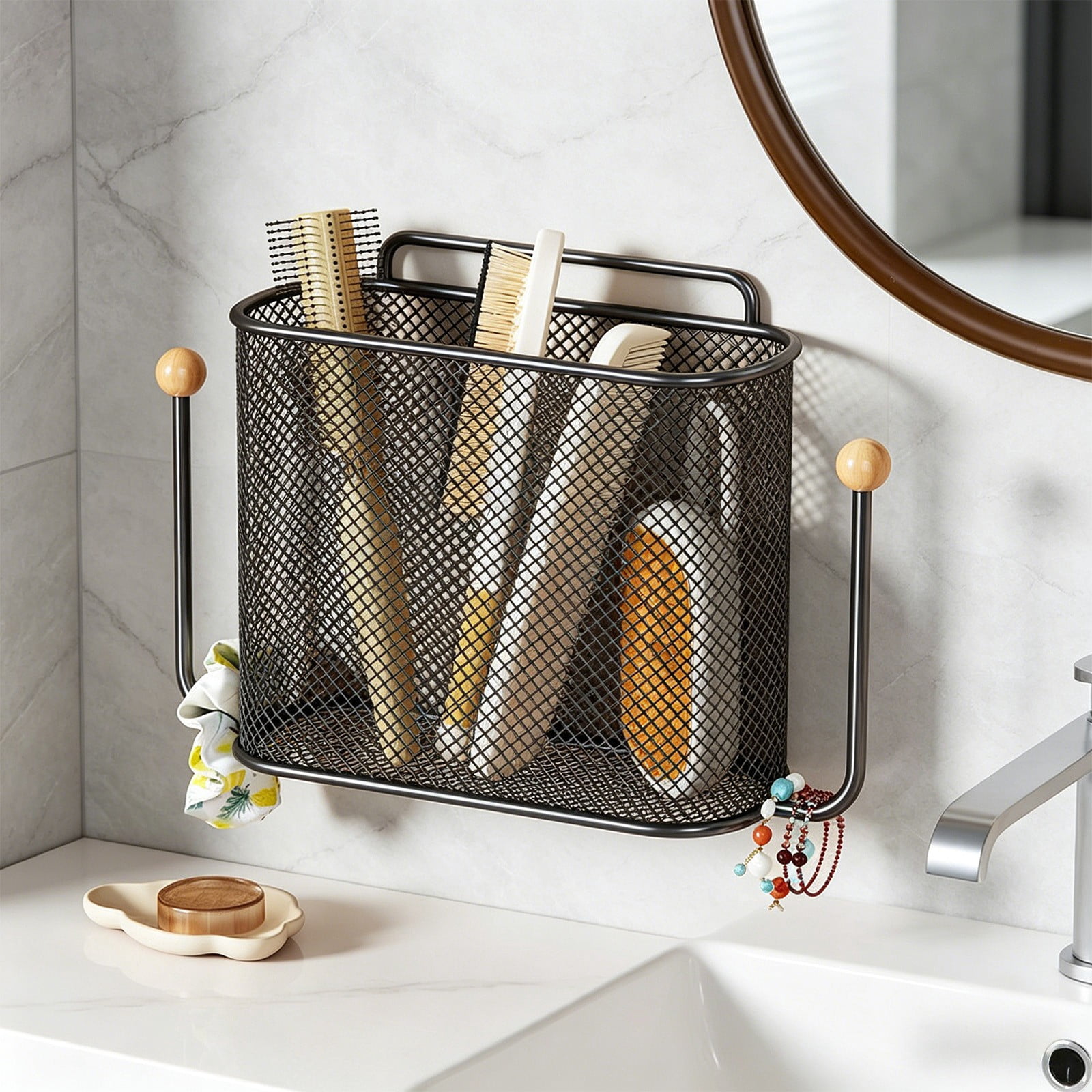 Bathroom Wall Mounted Storage Basket Metal Organizer No Drill Storage Shelf, Rust Resistant Breathable Strong Easy Install Space Saving, For Bathroom Kitchen Bedroom Dorm Wall Storage