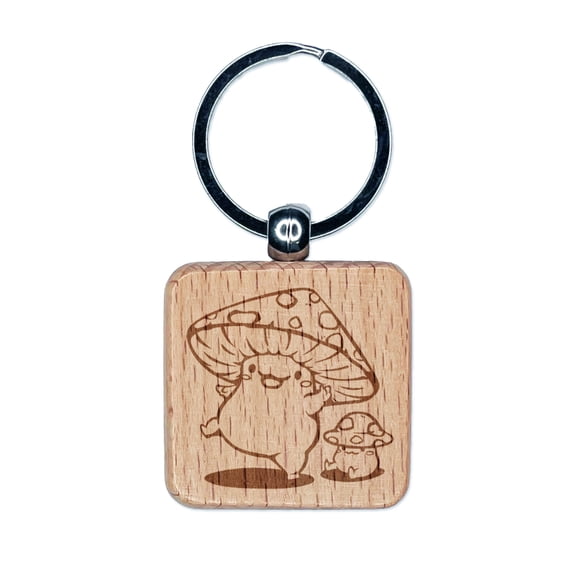 Happy Kawaii Mushroom Friends Square Keychain Charm Tag - Engraved Wood