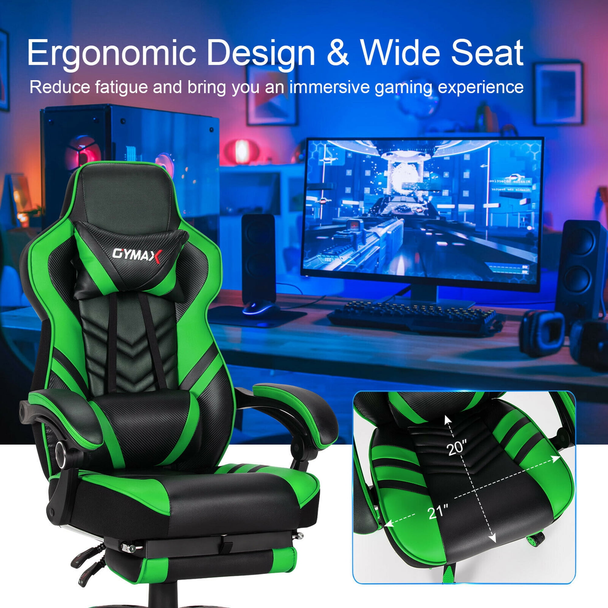 Gymax Office Computer Desk Chair Gaming Chair Adjustable Swivel w/Footrest Green