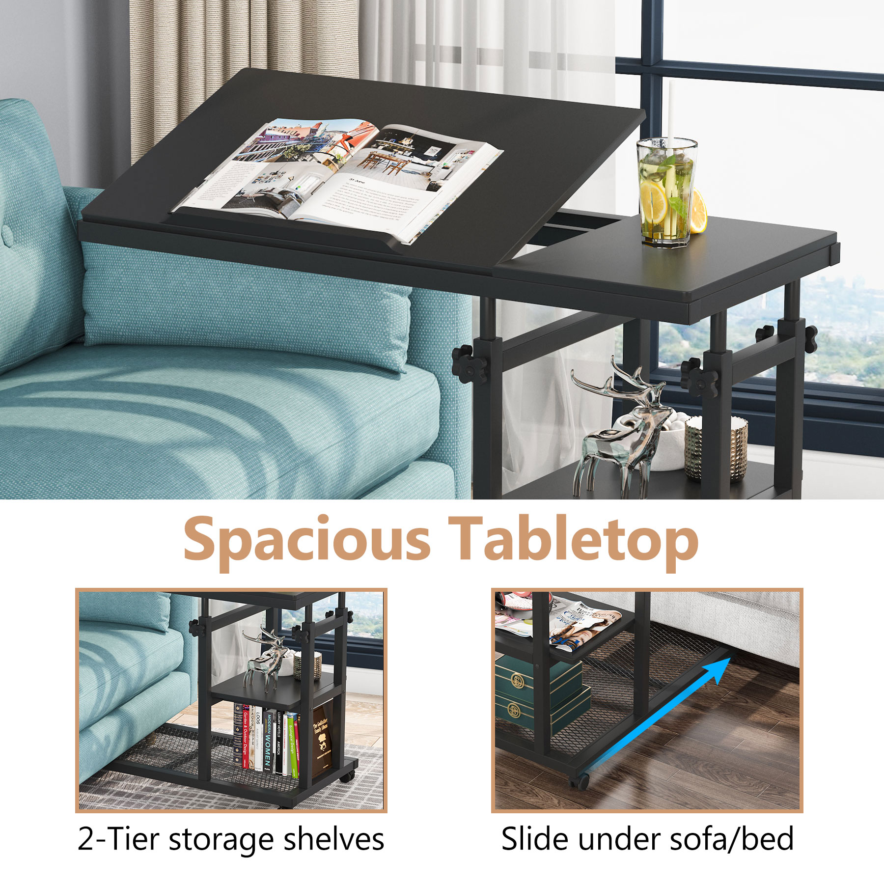 Fnova Mobile Side Table with Wheels, Snack Tray, Height-Adjustable C-Shape Desk, Tiltable Drawing Board, Laptop Stand, Storage Shelves for Living Room, Bedside Table for Couch