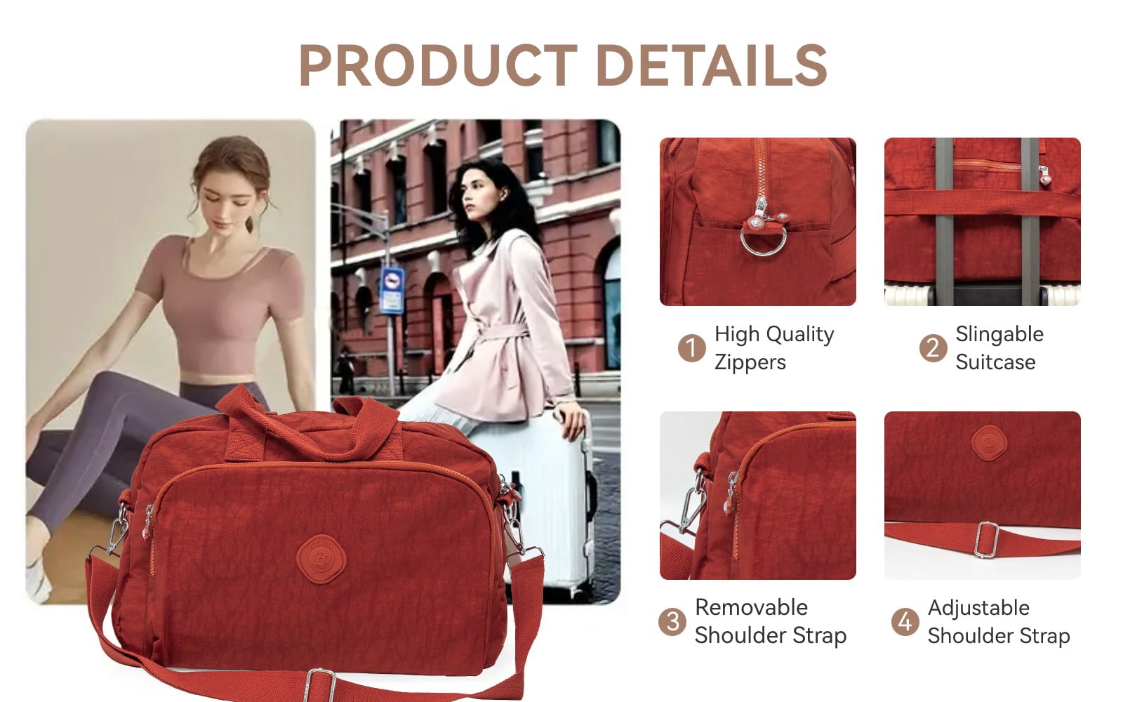 01008-Large Capacity Duffle Bag, Waterproof Fabric, Can Wear Trolley Duffel Bag, Sports And Leisure Fitness Bag（copper red）