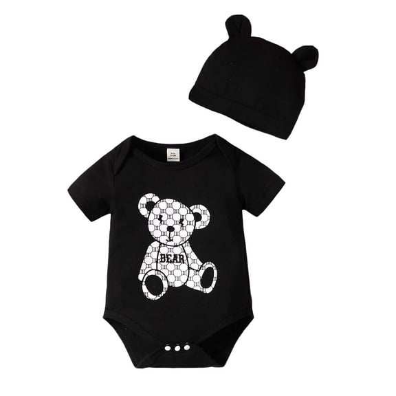1 Months Baby Boys Romper 3 Months Boys One-piece Bodysuit Bear Print Newborn Boys Short Sleeve Bodysuit with Hat Black