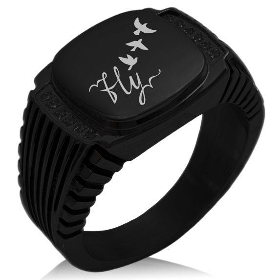 Stainless Steel Fly Away CZ Ribbed Needle Stripe Pattern Biker Style Polished Ring