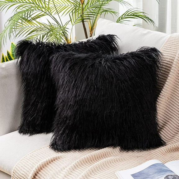 ERDOUY Pack of 2 Decorative Faux Fur Throw Pillow Covers New Luxury Series Style Fluffy Pillow Case Cushion Cover for Sofa Bedroom Car Black 18 x 18 Inch