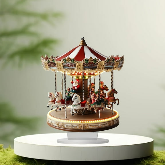 2D Carousel Christmas Ornament with Rotating Motion & LED Lights, Musical Acrylic Holiday Decor with Hand-Painted Details, Festive Indoor Outdoor Display Piece