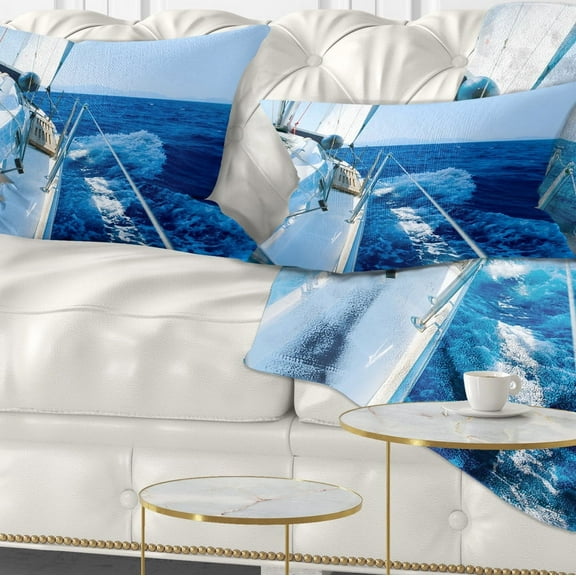 Designart Tourism Yacht Sailing in Blue Sea - Seashore Throw Pillow - 12x20