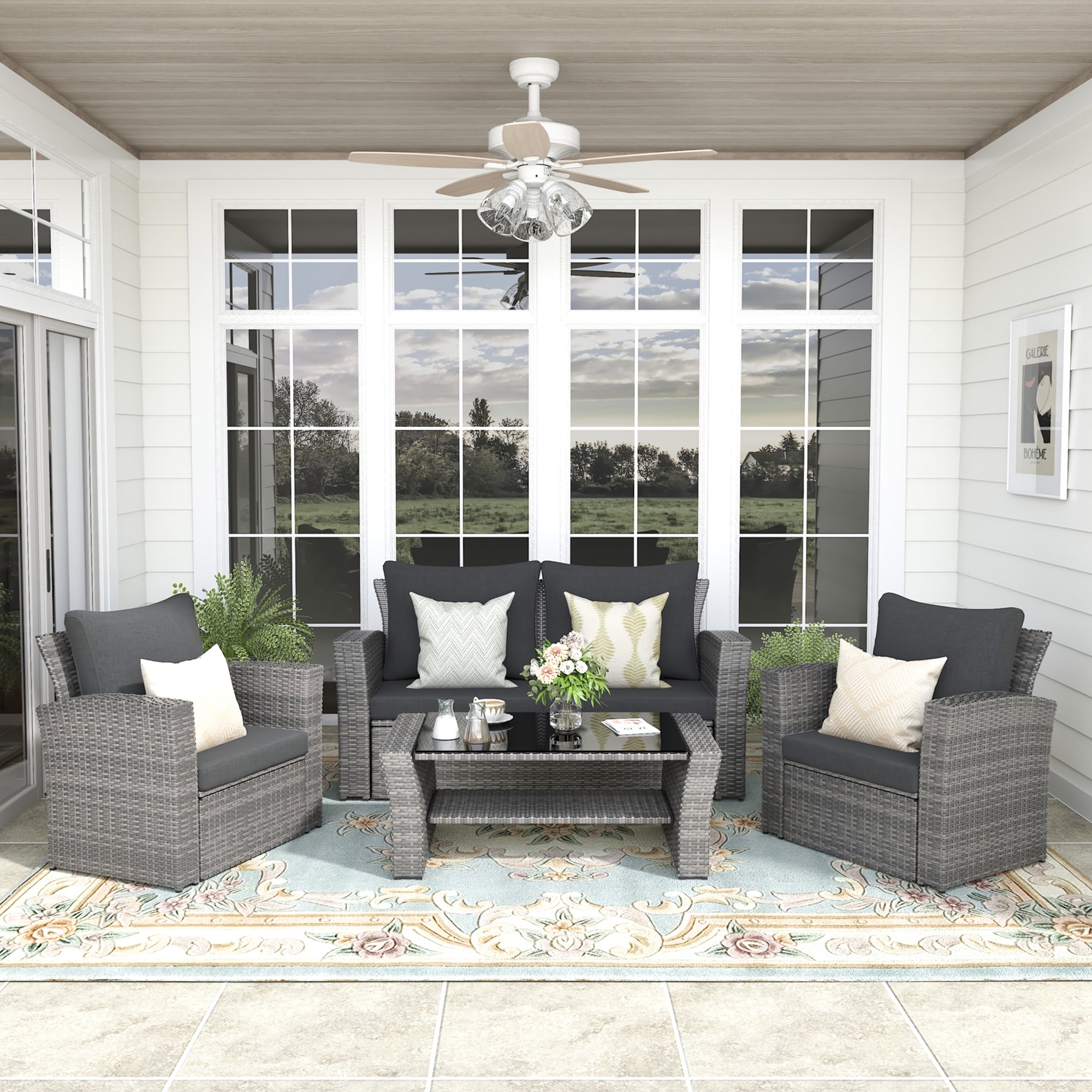 Superjoe 4-Piece Outdoor Patio Furniture Sets, Wicker Rattan Conversation Set, Gray Rattan Black Cushion