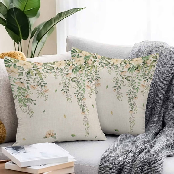 Throw Pillow Covers 16x16 Inch Set of 2, Watercolor Floral Waterproof Outdoor Pillow Covers, Spring Leaves Flowers Botanical Beige Decorative Cushion Pillowcases for Couch, Sofa, Bed, Garden, Patio