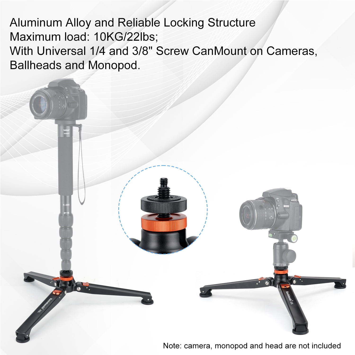 Koolehaoda Mini Tripod Base for Monopods, Aluminum Desktop Tripod with Three Feet Universal 3 Leg Support with 1/4"- 3/8" Screw Mount for DSLR Camera Monopod Unipod Photography Stick Ball Head