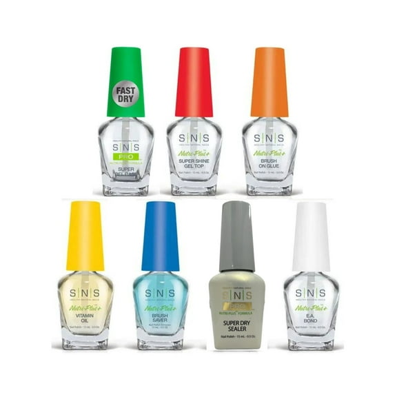 SNS Dip Liquid Nutri-Plus 7pcs - Brush-On Glue,E.A Bond,Super Gel Base ,Super Shine Gel Top,Super Sealer Dry,Vitamin Oil,Brush Saver ( 0.5 oz each )