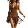 thumbnail image 2 of Karymi Cocktail Dresses for Women Solid Halter Mini Dress with Long Flowing Fringe, Deep V Neck Suede-Like Bodycon Side Slit Party Date Dress Plus Size Dresses, 2 of 9