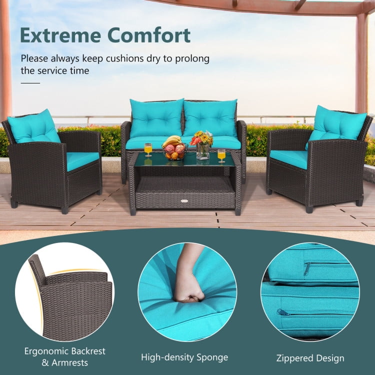 Aimee Lii 4 Pieces Wicker Patio Furniture Set with Tempered Glass Coffee Table, Wicker Outdoor Sectional, Turquoise Aimee Lii 4 Pieces Wicker Patio Furniture Set with Tempered Glass Coffee Table, Wicker Outdoor Sectional, Turquoise
