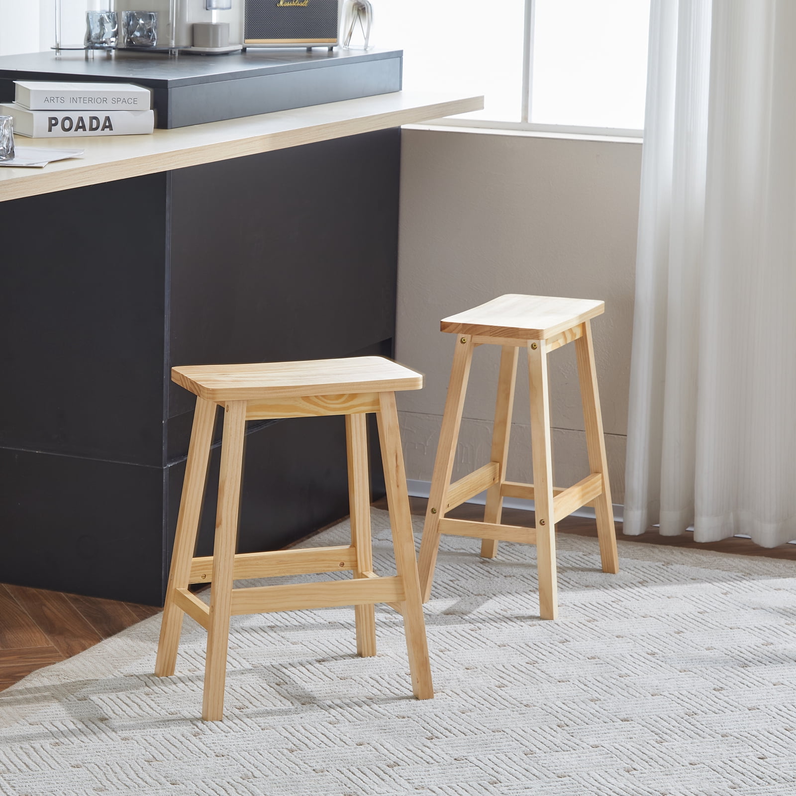 Ktaxon Set of 2 Saddle Seat 24" Bar Stools Wood Dining Room Kitchen Pub Chair,Wood Color