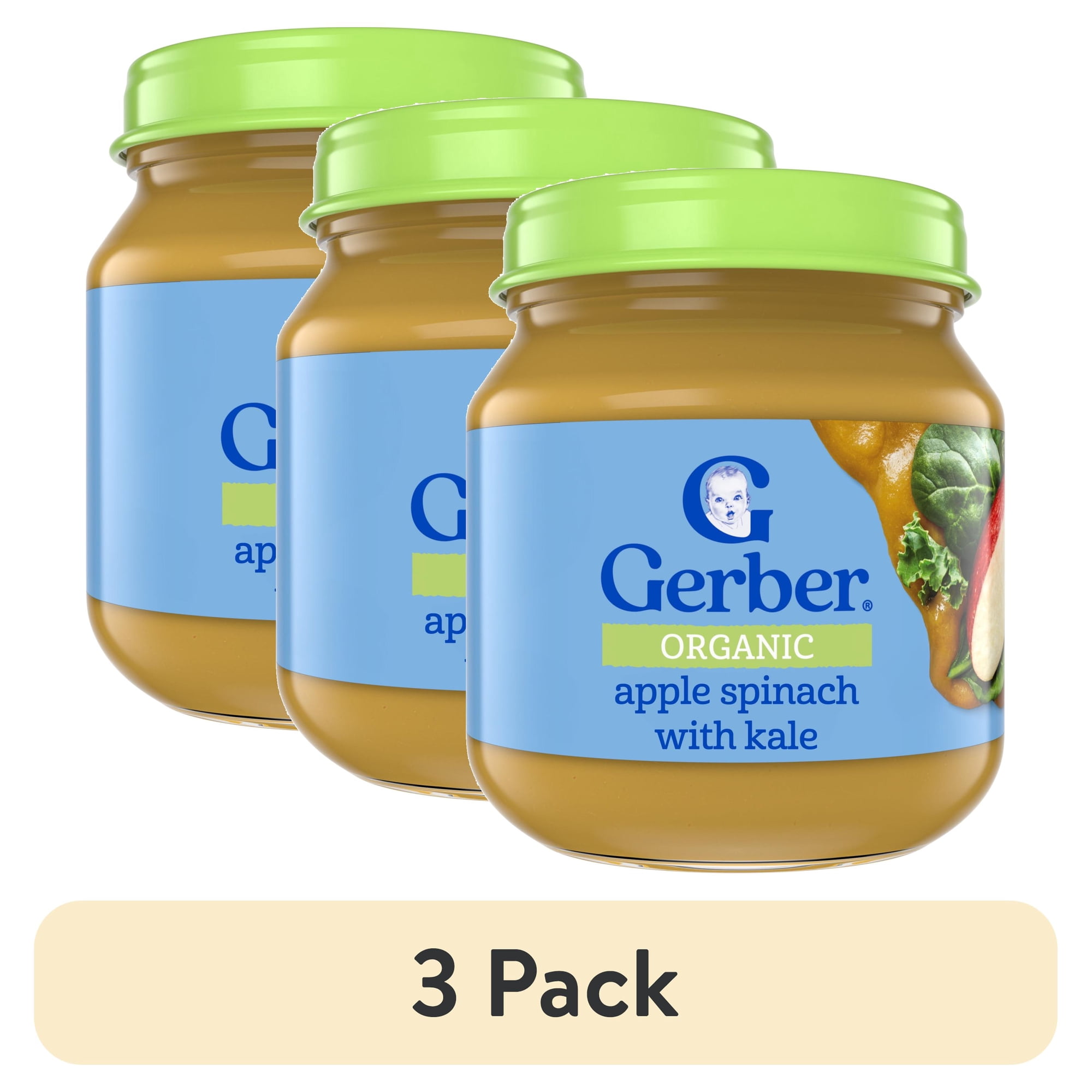 (3 pack) Gerber Organic Stage 2 Baby Food Puree, Apple Spinach Kale, 4 oz Jar