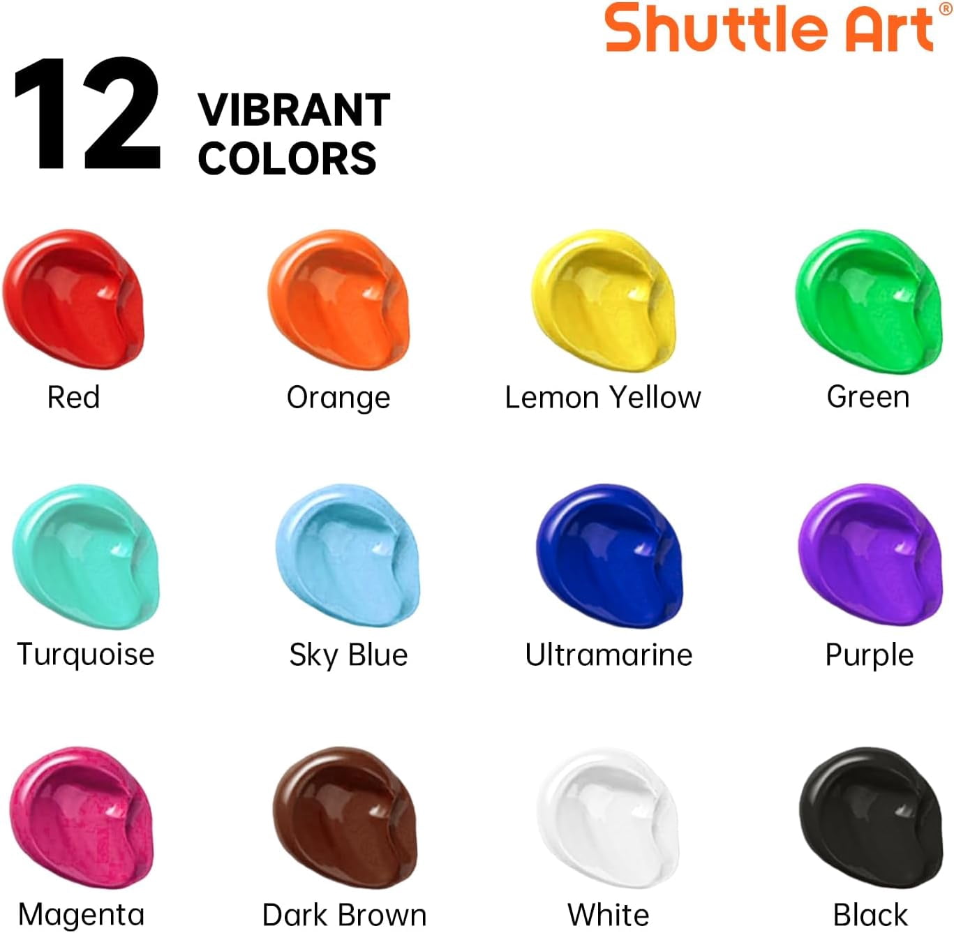 Shuttle Art 12 Colors Acrylic Paint, 250ml/8.45oz Bottles Acrylic Paint Set, Rich Pigments, Bulk Painting Supplies