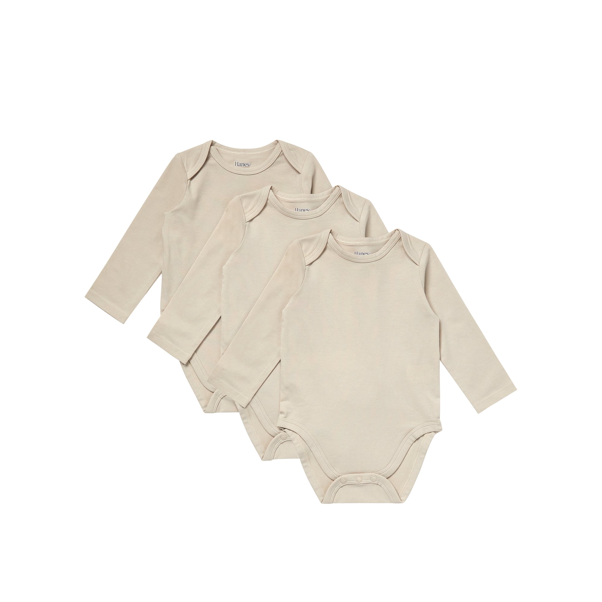 Hanes Pure Comfort Baby Long Sleeve Bodysuits, Organic Cotton, Boys & Girls, 3-Pack Mushroom Beige 6MTH
