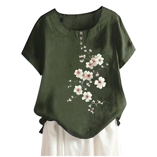 Camisas de Manga Corta para las Mujeres Blusas de Impresión Casual Botón Cuello Redondo, Top de Verano Ligero para el Día Y el Trabajo