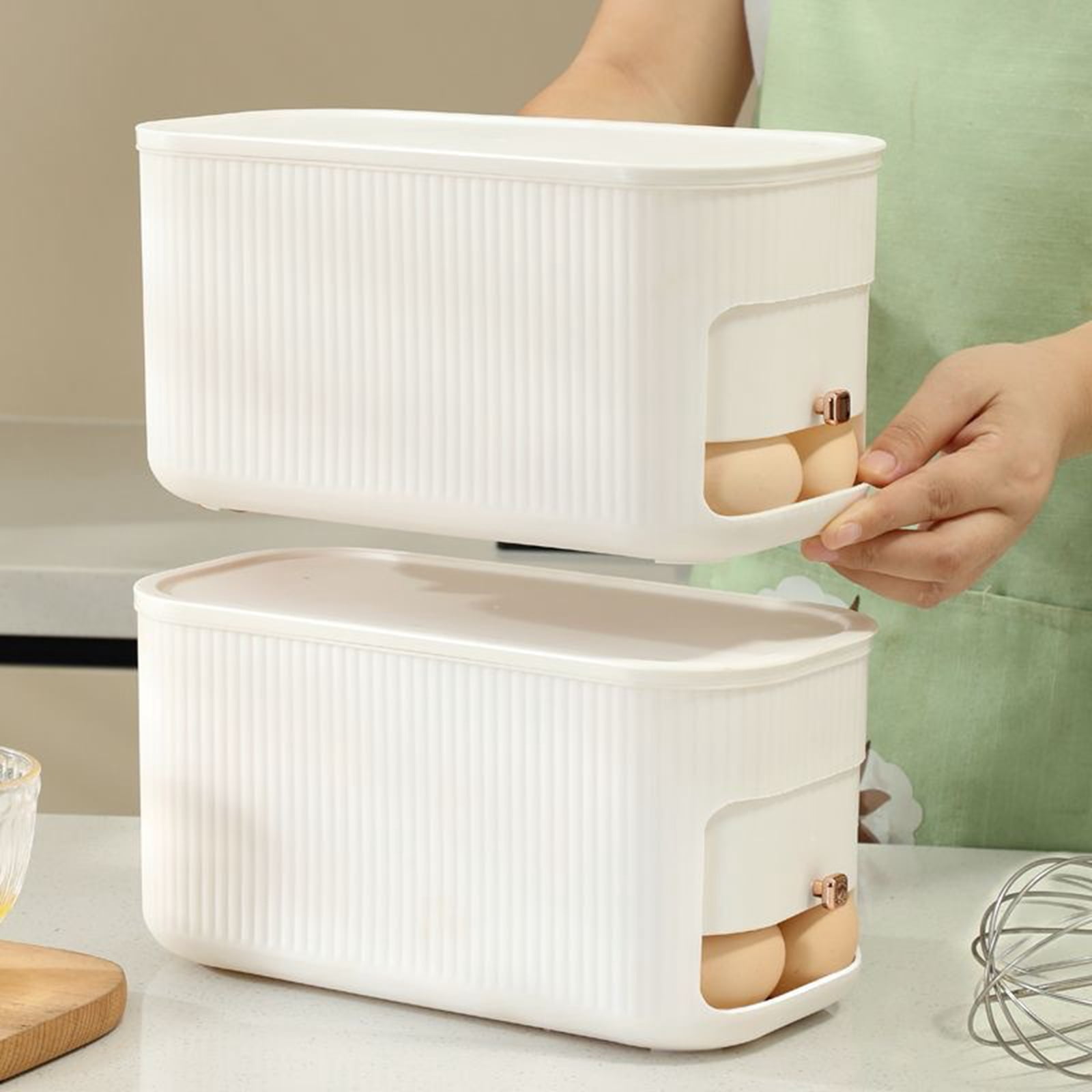 Djiypn Egg Holder for Fridge, Automatic Rolling Egg Container for Refrigerator, Stackable Fridge Organizers and Storage with Lid, Plastic Egg Dispenser Tray (2 Tier Hold 30 Eggs)