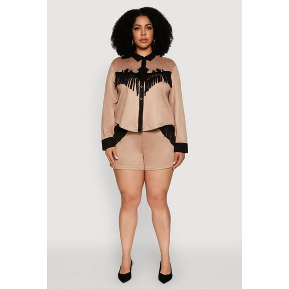 Womens Plus Size Faux Suede High Waisted Fringe Hem Shorts