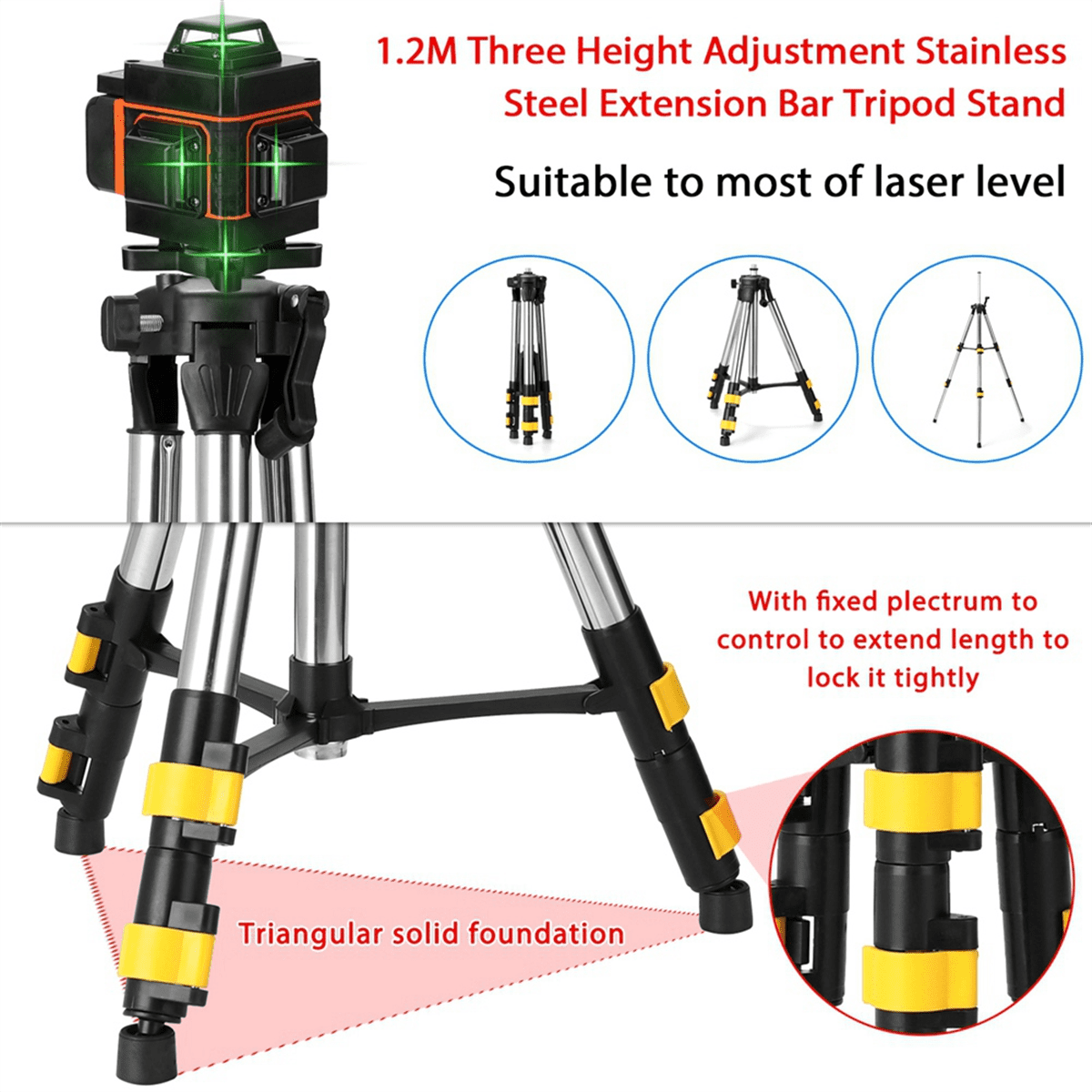 1.2M Three Height Adjustment Stainless Steel Extension Bar Tripod Stand for Laser Level Bubble-Level Laser Accessories