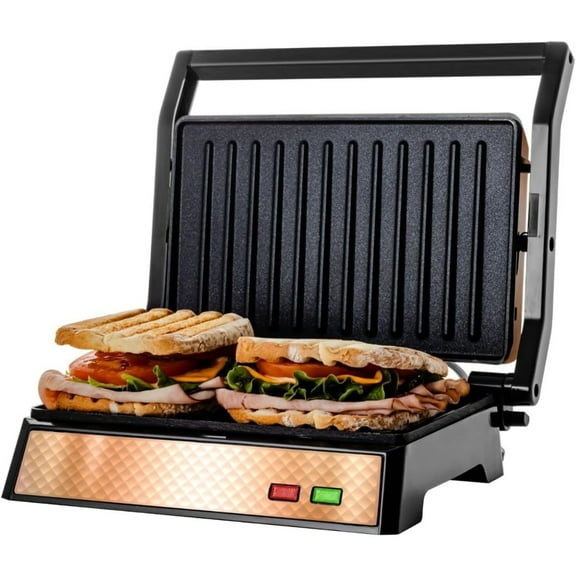 Electric Panini Press Sandwich Maker with Non-Stick Coated Plates, Opens 180 Degrees to Fit Any Type or Size of Food, 1000W Indoor Grill Perfect for Quesadillas, Burgers & More, Copper GP0620CO