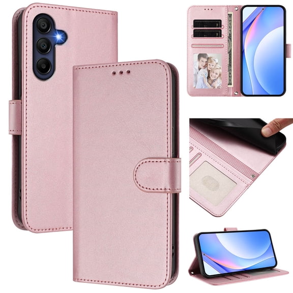 Wallet Case For Samsung Galaxy A17 5G [RFID Blocking Protection] Premium PU Leather Folio Magnetic Clasp Card Holder/Cash Slot Flip Kickstand Shockproof Phone Cover with Wrist Strap,Rosegold