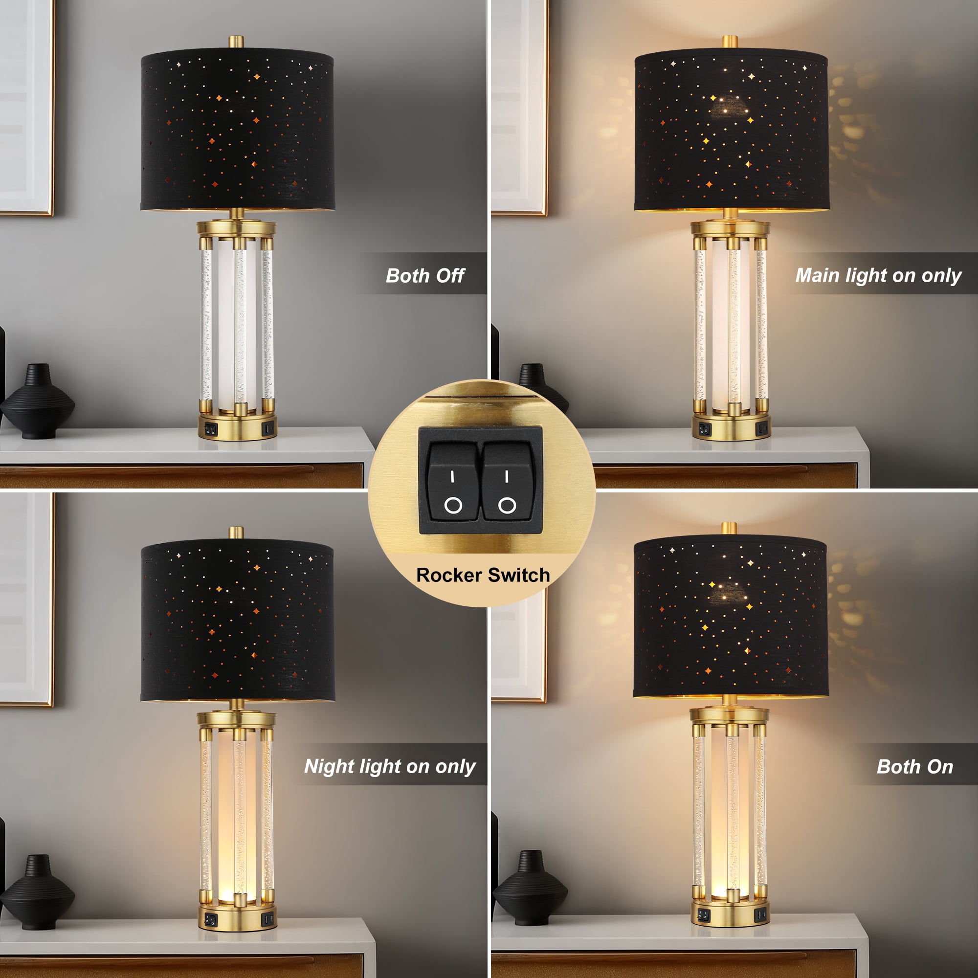 25" Morden Table Lamps Set of 2 with USB A+C Ports and Night Light, Unique Star Hallow Black Shade Lamp for Bedroom,Living Room (Bulb Included)