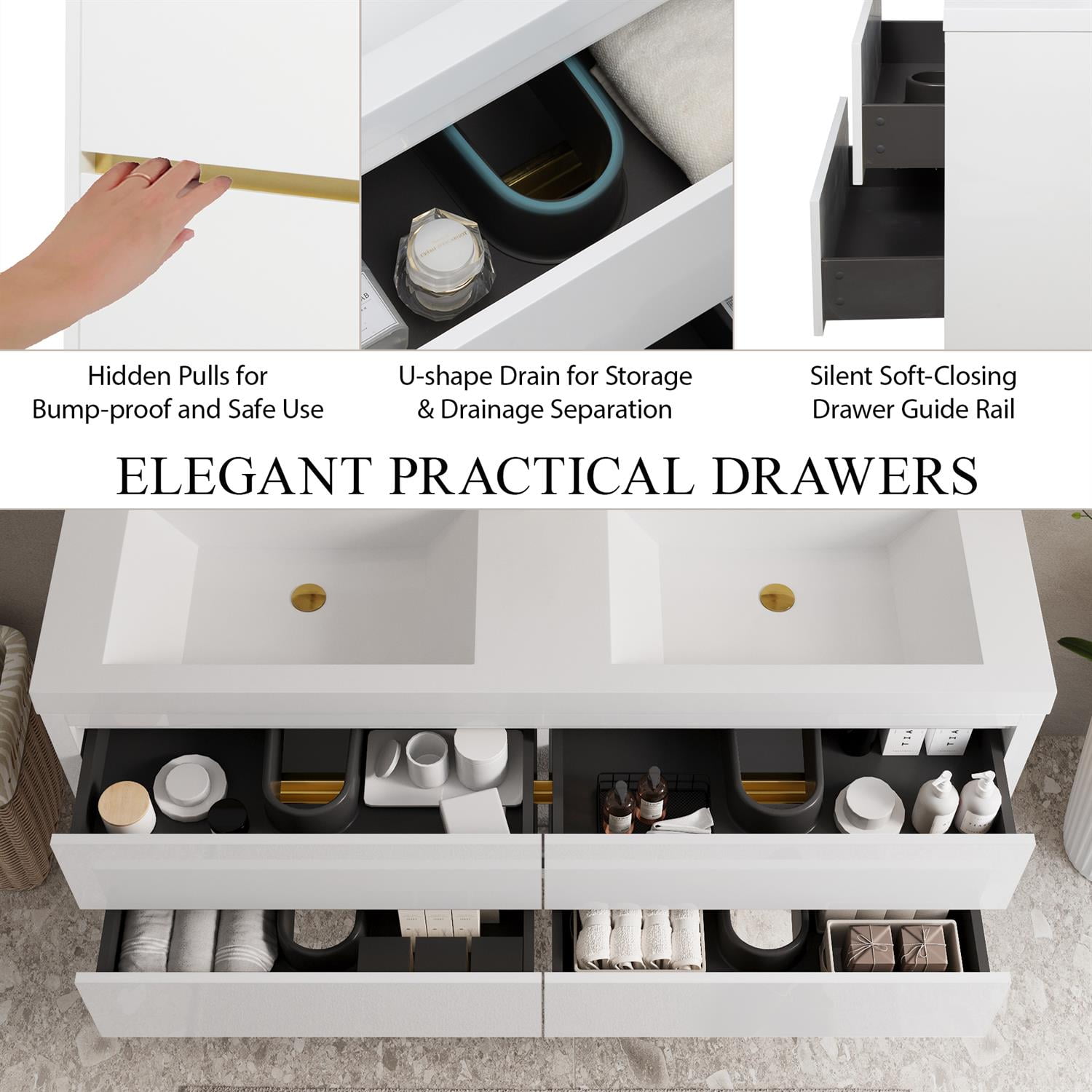 Demi Bonn 59" Wall-Mounted Bathroom Vanity with Sink, Stone Resin Countertop and 4 Soft Close Drawers, Faucets and Drains Not Included, White