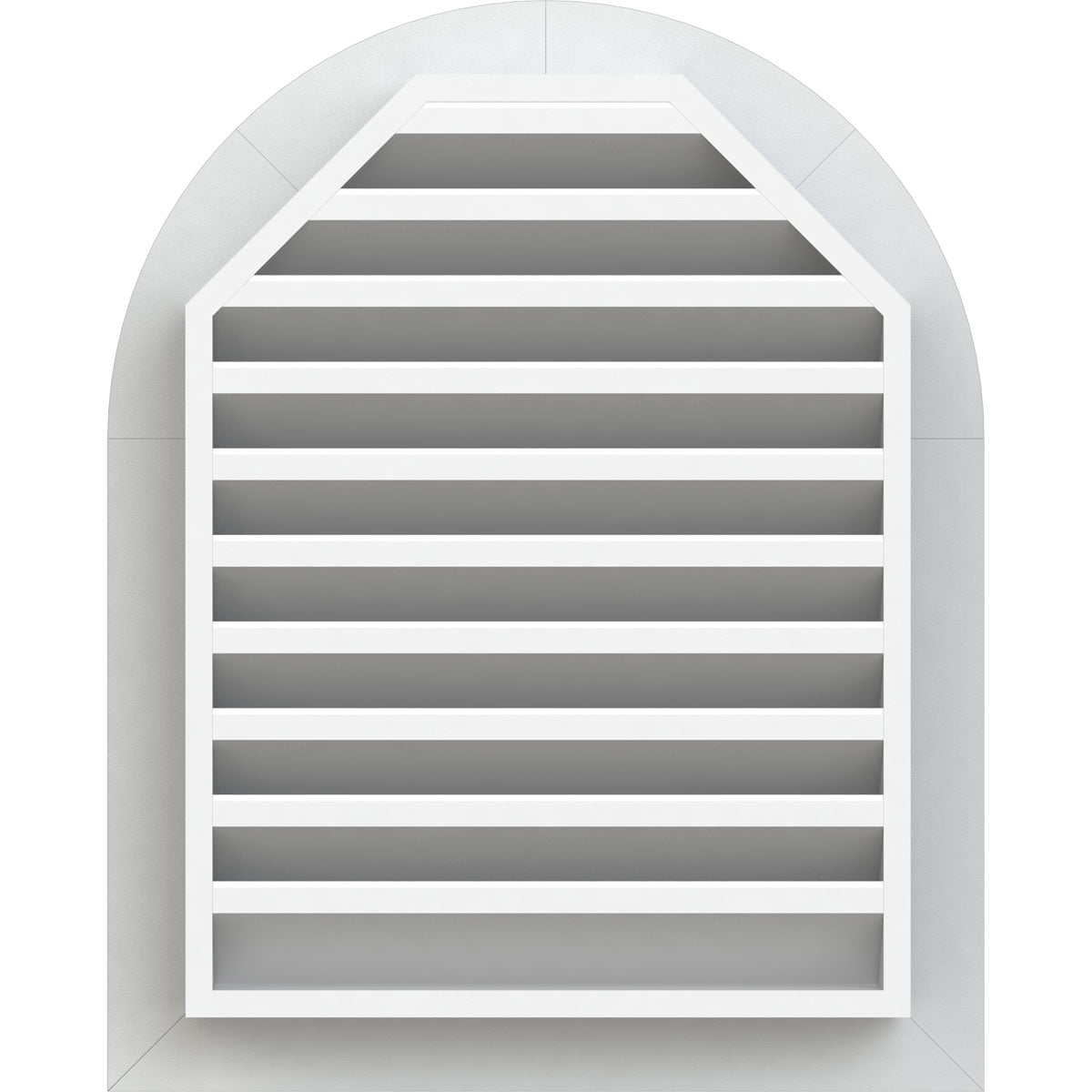 18"W x 30"H Round Top Gable Vent (23"W x 35"H Frame Size): Functional, PVC Gable Vent w/ 1" x 4" Flat Trim Frame