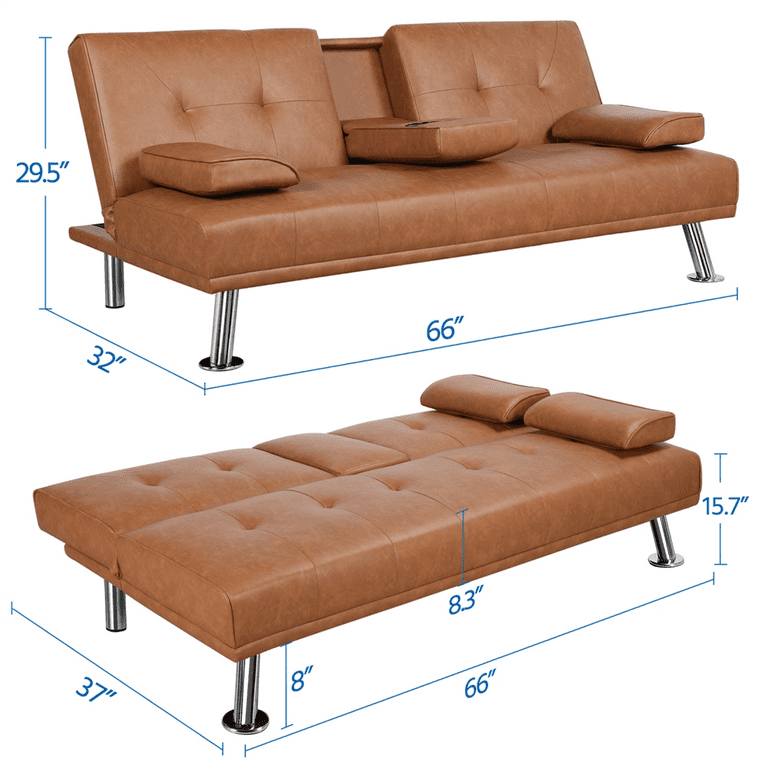 YAHEETECH - Sofá cama tipo futón de cuero sintético, 2 puestos, sofá con  espaldar reclinable y portavasos, cama para invitados