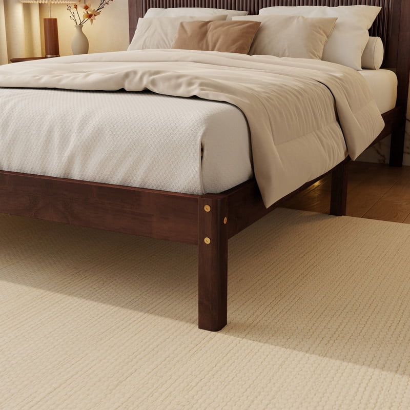 Queen Size Wood Bed Frame with Wave-Fluted Headboard, Low-Profile Platform Bed with Central Support Legs and Under-Bed Space