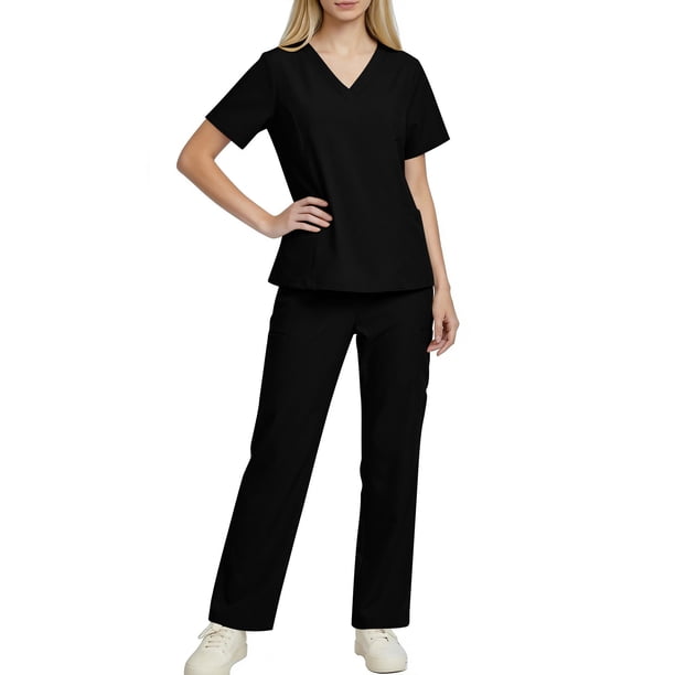 Conjuntos de uniforme médico para mujer, informal, cuello en V, manga corta, camiseta y pantalones con cintura elástica, color liso, 2 piezas, con bolsillos