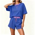 thumbnail image 5 of IUYRTFE Women's 2-Piece Short Sleeve Relaxed Fit Set Round Neck Top and Drawstring Shorts Casual Outfit, 5 of 7