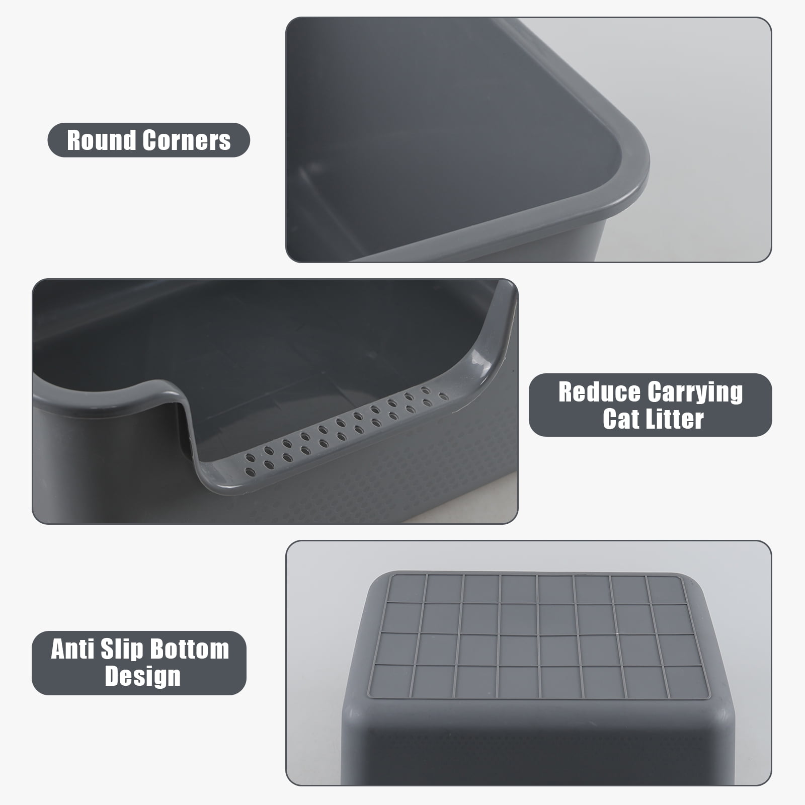 Xyskin Grey Plastic Open Top Cat Litter Box, Anti-Splashing Kitty Litter Box with Scoop, High Sides Cat Litter Pan, 4 Packs
