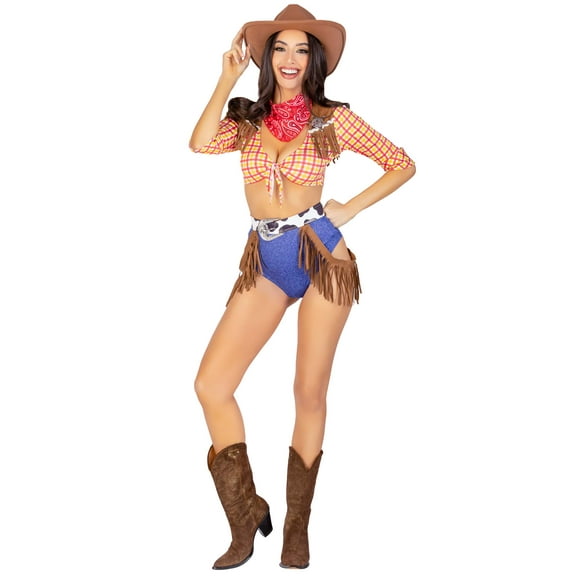Leg Avenue Women's 5 Pc Playful Cowboy Costume with Tie Front Crop Top, High Waist Bottoms, Belt, Badge, Neck Bandana