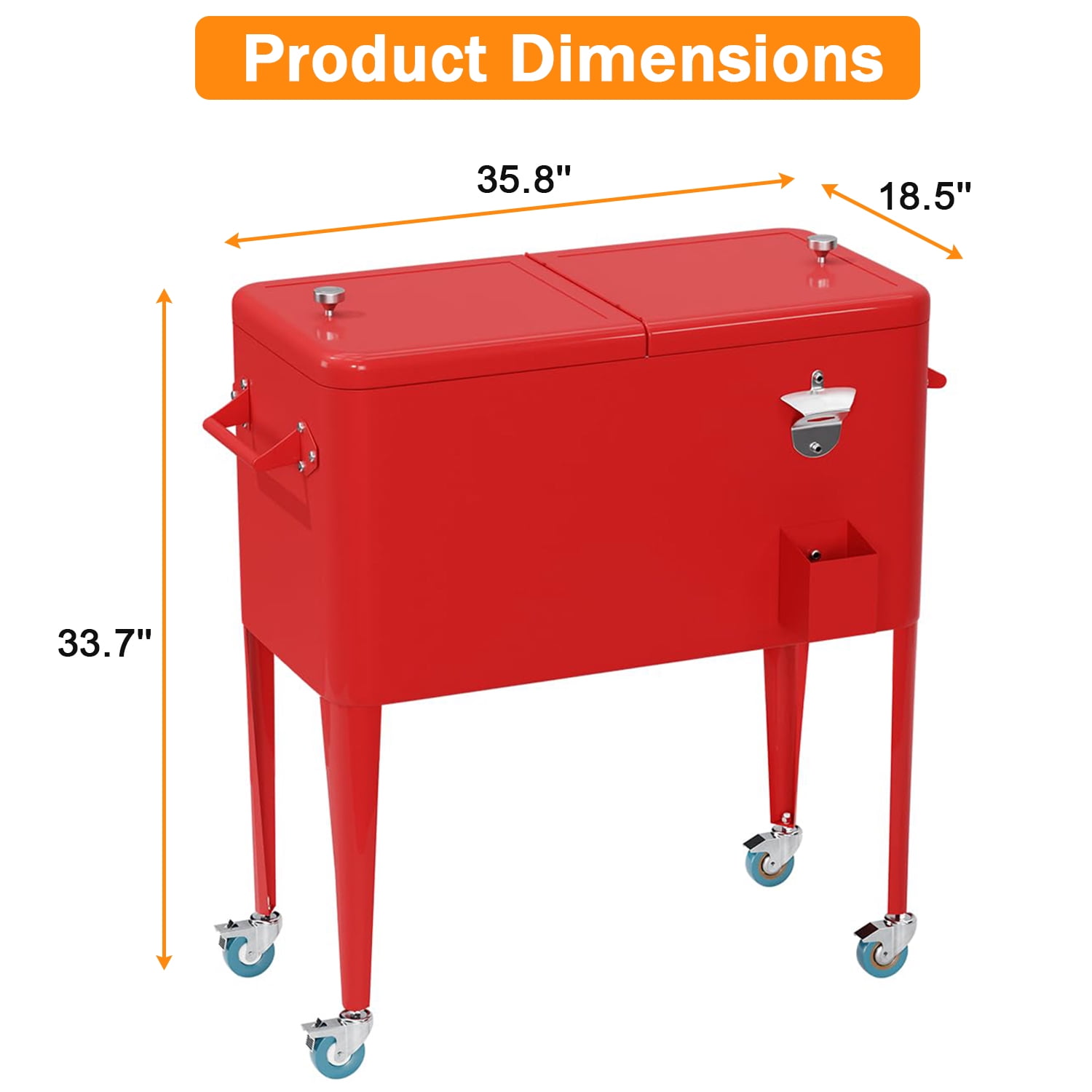 80 Quart Outdoor Cooler Cart Rolling Ice Cooler Ice Chest with Wheels Portable Drink Cooler for Parties, Poolside, Patio, BBQ Beach（Red）