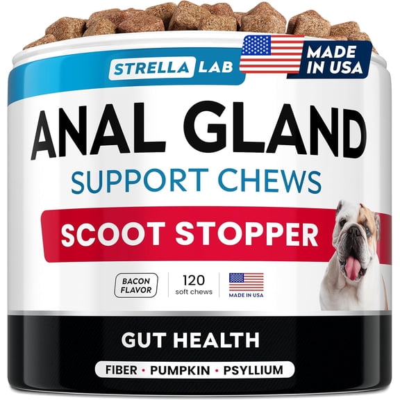 STRELLALAB Anal Gland Support Chews - Scoot Treatment - Digestive Enzymes, Prebiotics & Fiber Supplement for Dogs Digestion & Gut Health. Proprietary Blend of Beet, Psyllium, Pumpkin 120Ct