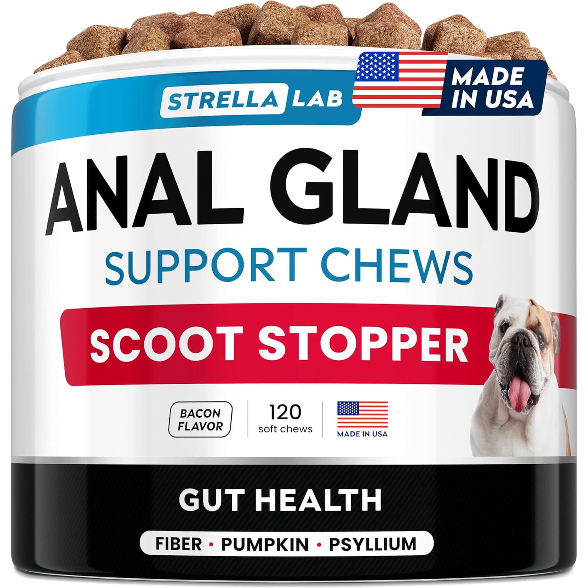 STRELLALAB Anal Gland Support Chews - Scoot Treatment - Digestive Enzymes, Prebiotics & Fiber Supplement - 120Ct