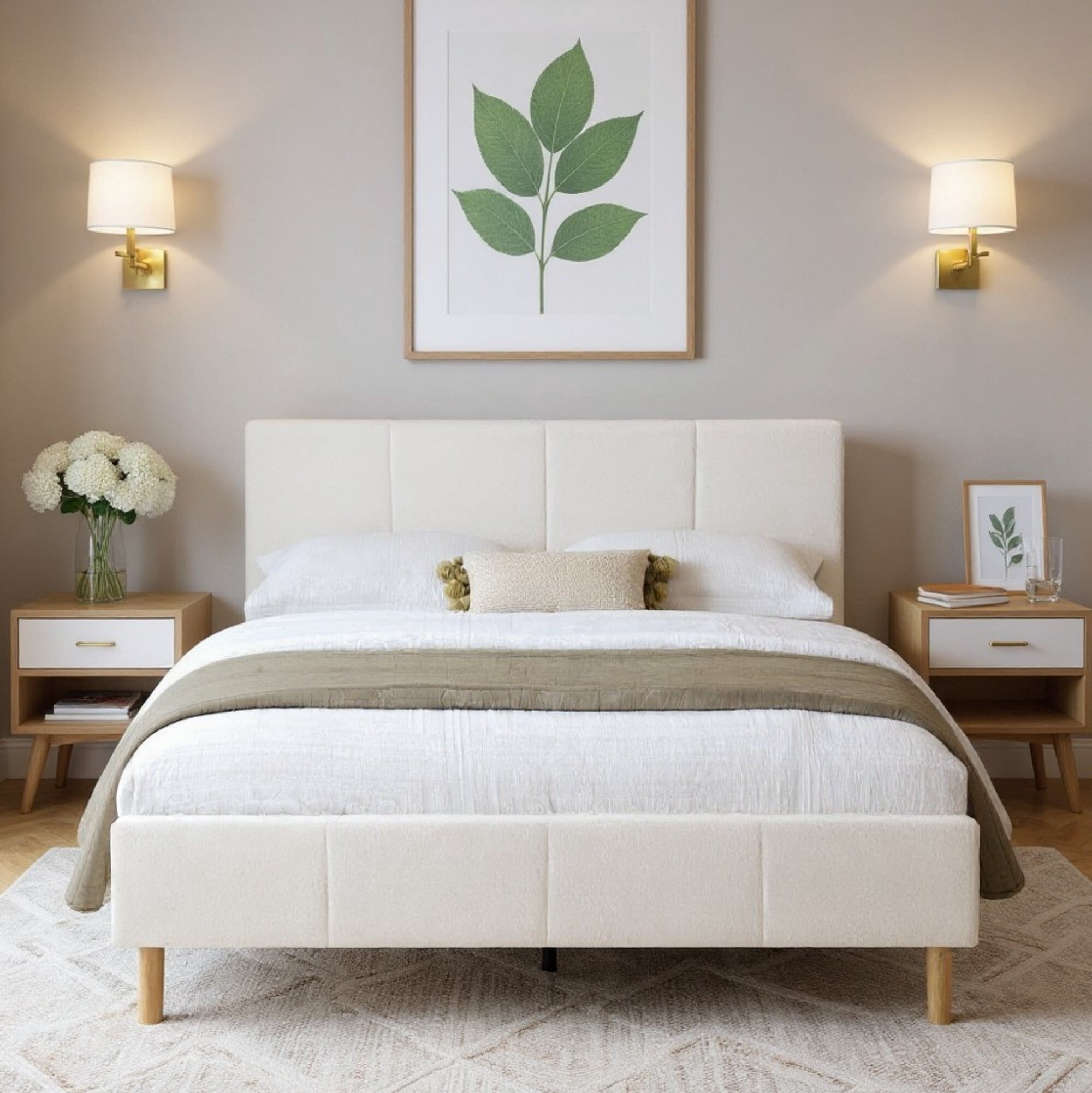 AENKYO Full Size Upholstered Platform Bed Frame with Soft Teddy Velvet Headboard, No Box Spring Needed, Beige