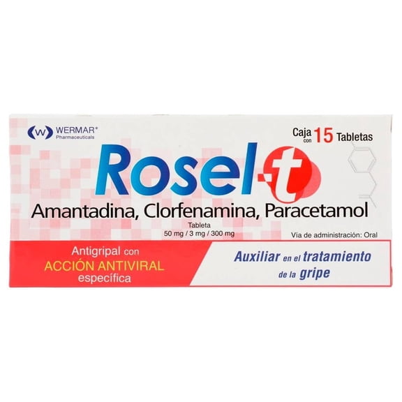 Rosel T Amantadina 50 mg, Clorfenamina 3 mg, Paracetamol 300 mg 15 tabletas