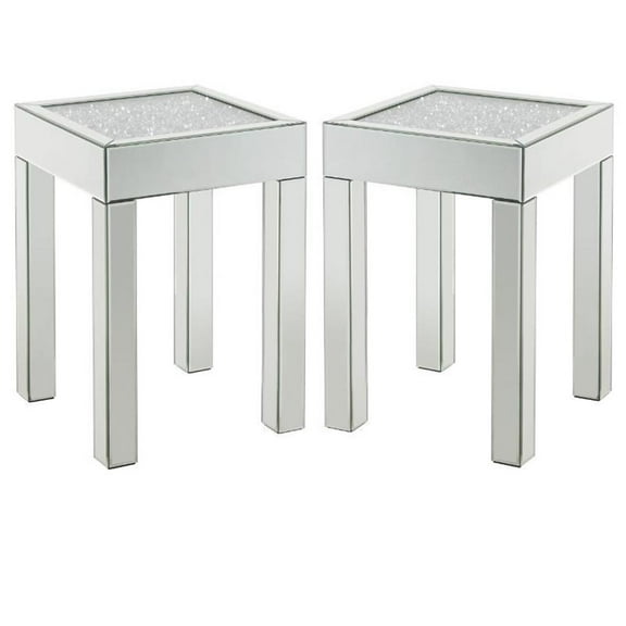 Home Square 2-Piece Furniture Square End Table Set in Mirrored & Faux Diamonds