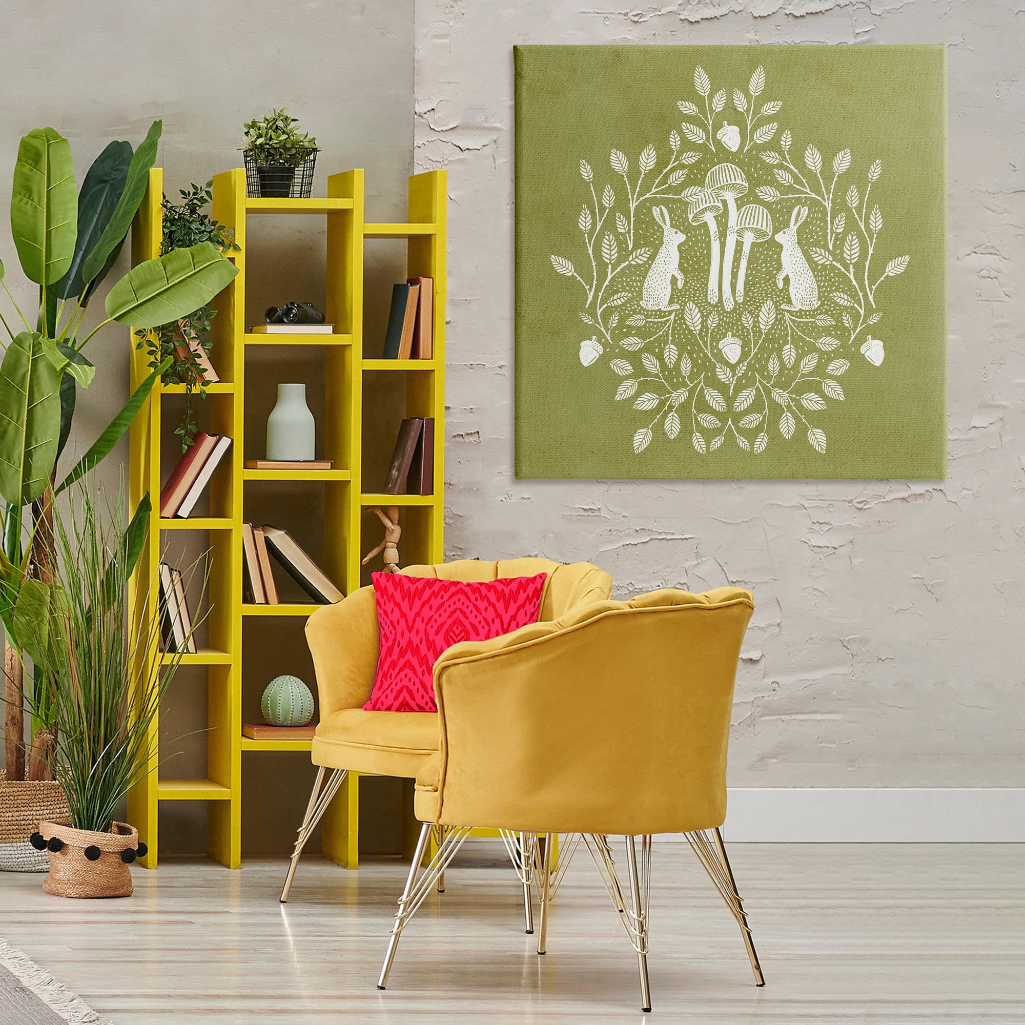 Stupell Industries Olive Green Botanical Rabbits Plants & Flowers Painting Wrapped Canvas Art Print Wall Art, 36 x 36