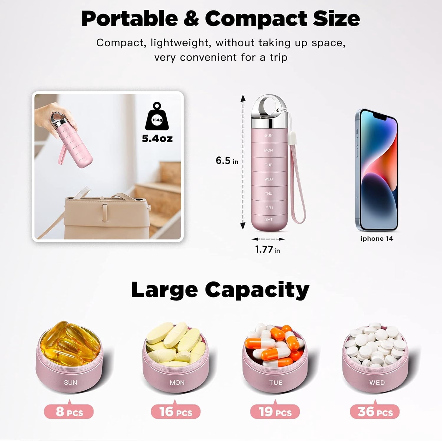 Metal Travel Pill Organizer, Portable Waterproof Weekly Pill Box, Large Aluminum Alloy Pill Case Container, BPA Free 7 Day Daily Medicine Organizer Holder for Vitamin, Fish Oil, Supplement