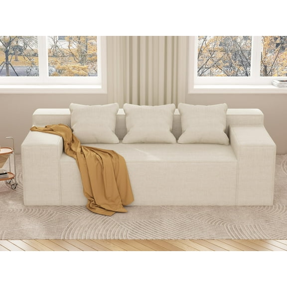 Modern 3-Seater Sofa, Hybrid Sofa in a Box, No Assembly Required, Comfy Sofa Couch with 3 Matching Pillows, Couch for Living Room or Bedroom, Beige