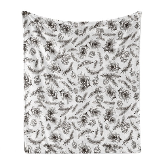 Pine Cone Soft Flannel Fleece Throw Blanket, Botanical Branches Nature Mother Earth Growth Monochrome Style Pattern, Cozy Plush for Indoor and Outdoor Use, 70" x 90", Dark Taupe White, by Ambesonne