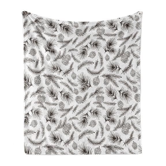 Pine Cone Soft Flannel Fleece Throw Blanket, Botanical Branches Nature Mother Earth Growth Monochrome Style Pattern, Cozy Plush for Indoor and Outdoor Use, 50" x 70", Dark Taupe White, by Ambesonne