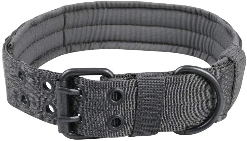 L, Grey OneTigris Military Adjustable Dog Collar with Metal D Ring & Buckle Available in 5 Colors & 2 Sizes 